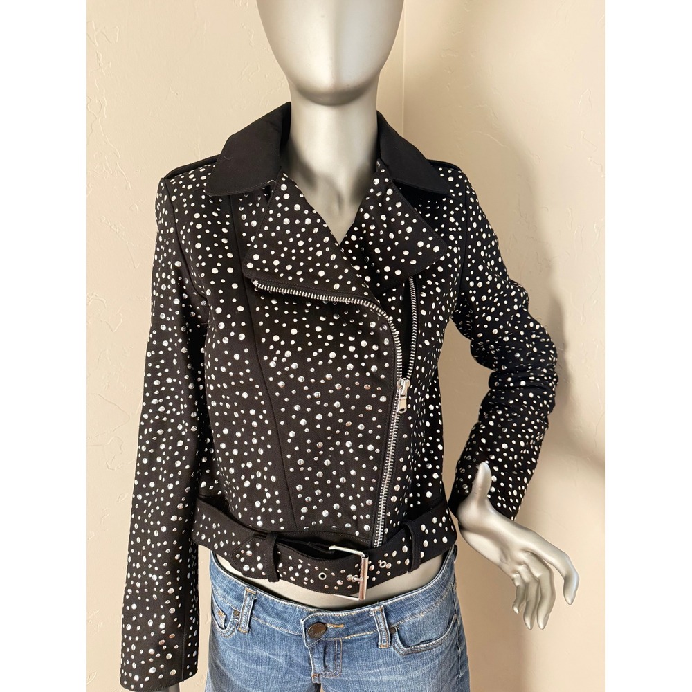 ASOS Black Denim Silver Studded Moto Biker Belted Lined Jacket  - Women's Size 0